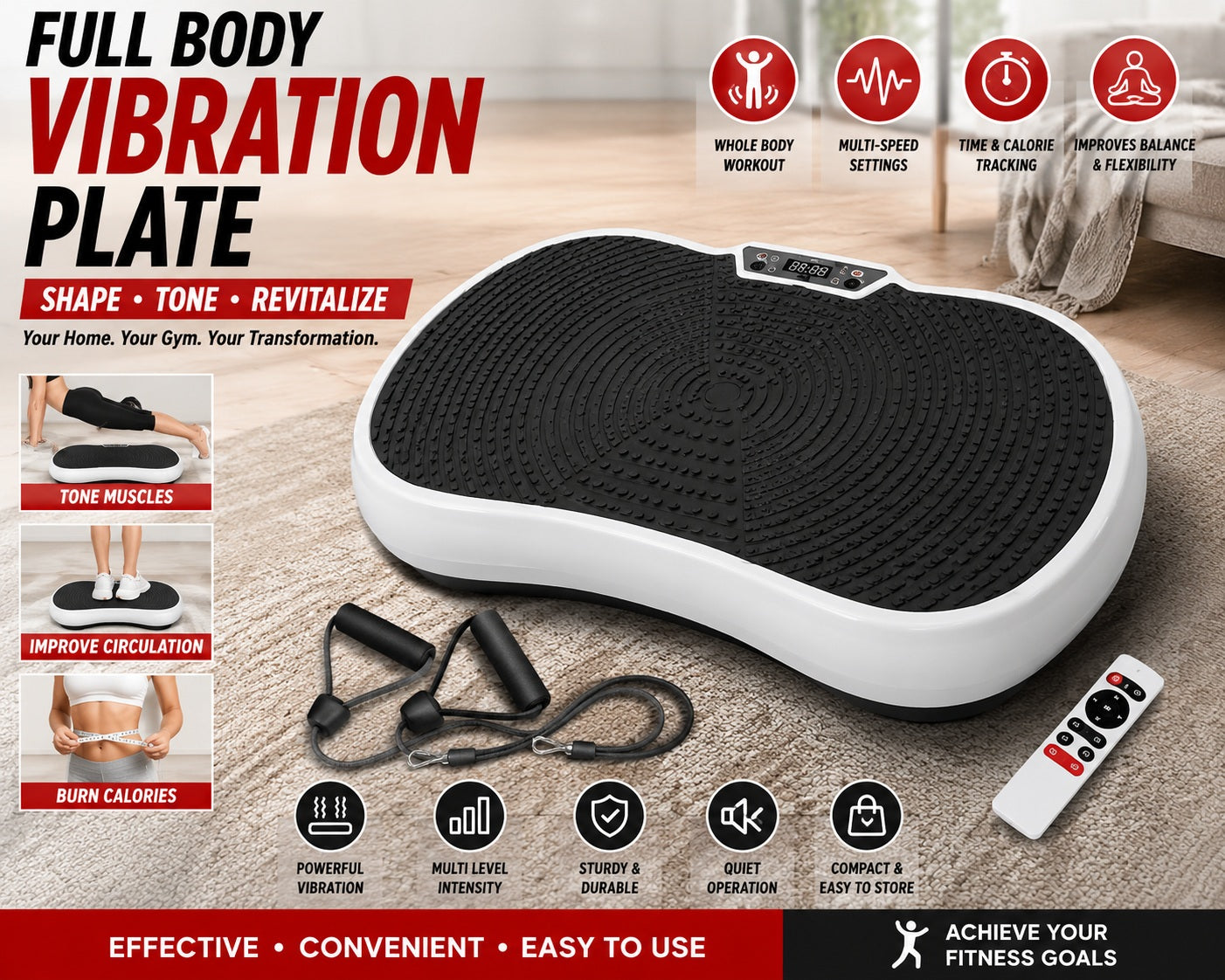 Full Body Vibration Plate Exercise Machine with Resistance Bands, Remote Control, Multi-Speed Settings & Non-Slip Platform for Home Fitness Workouts