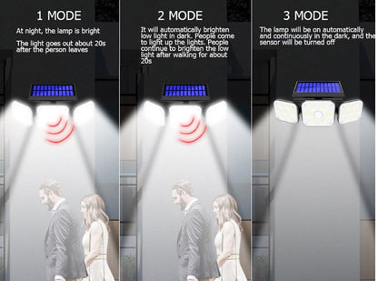 Three Head Outdoor Solar Powered LED Sensor Wall Light